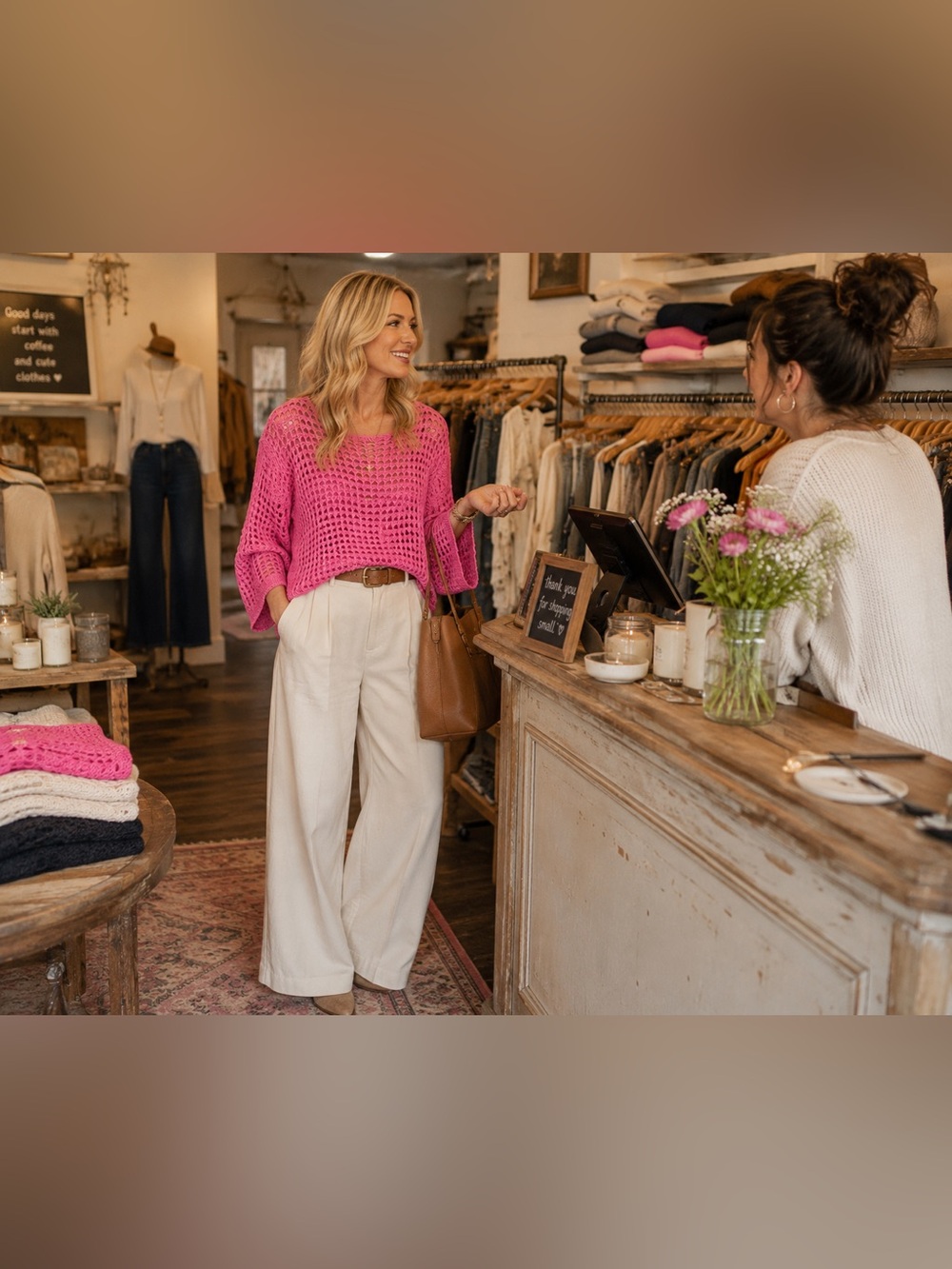 🌸 POL Boutique Hot Pink Open Knit Sweater | Boho Beachy Layering Top PTP 22” - Picture 2 of 7